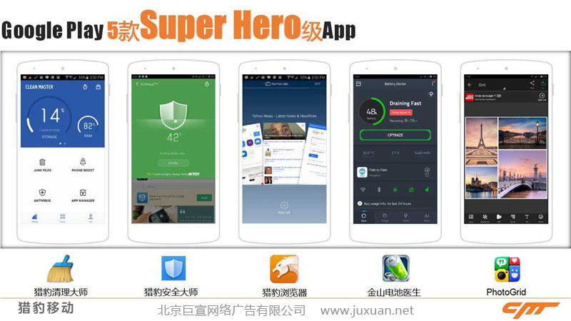 獵豹5款應(yīng)用APP：獵豹清理大師、獵豹安全大師、獵豹瀏覽器、金山電池醫(yī)生、photo grid