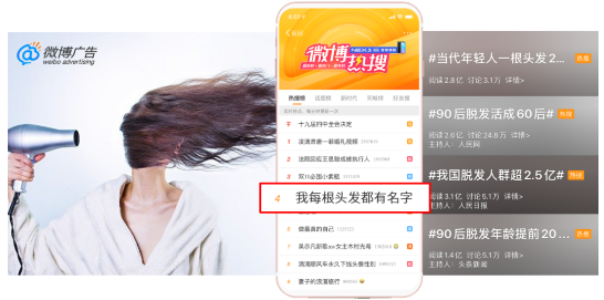 當一個用戶打開微博廣告后，發現微博信息流廣告里赫然出現一則關于“植發”的廣告