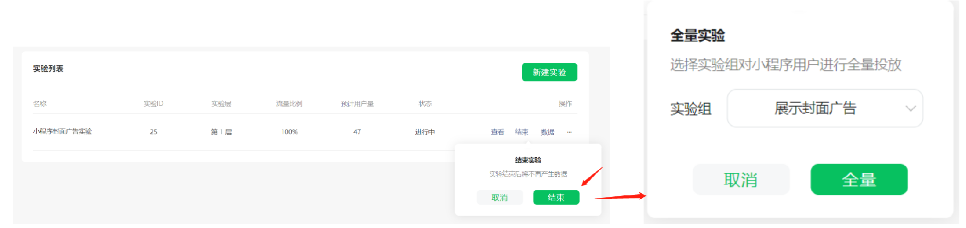若已有實驗結論和數(shù)據(jù)，已可支撐決策，則可以通過【結束】實驗來釋放流量。