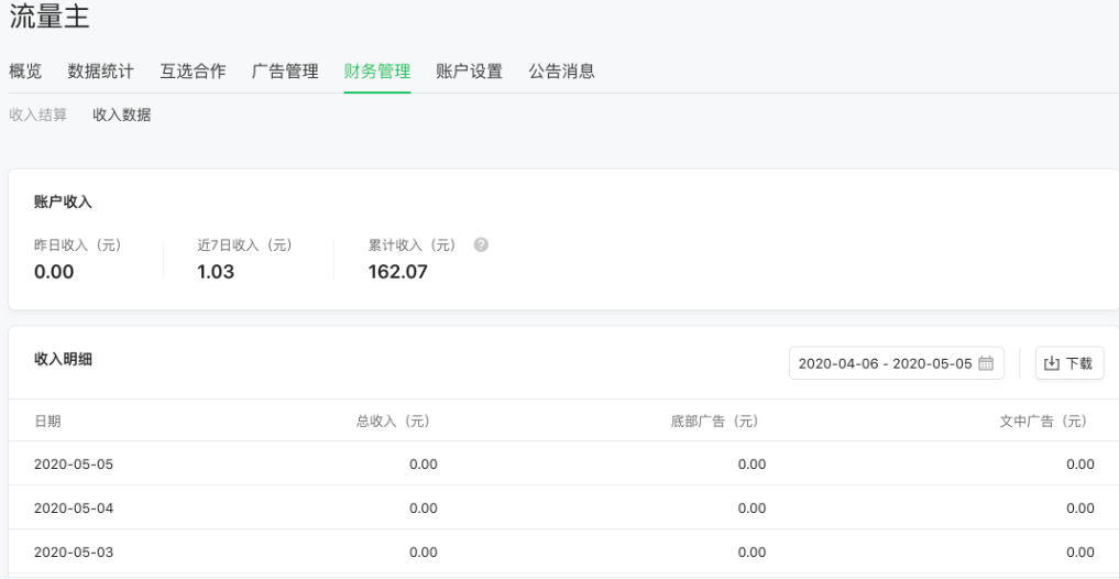 流量主在“財務管理”頁的“收入數據”板塊可查看分廣告位分日收入明細數據。