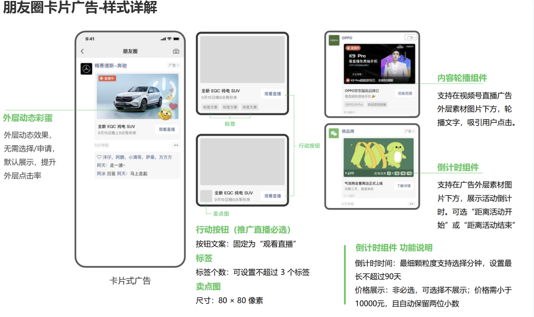 其中，朋友圈的卡片廣告樣式，品牌形象默認(rèn)跳轉(zhuǎn)視頻號(hào)主頁，卡片組件設(shè)置與展現(xiàn)方式為：