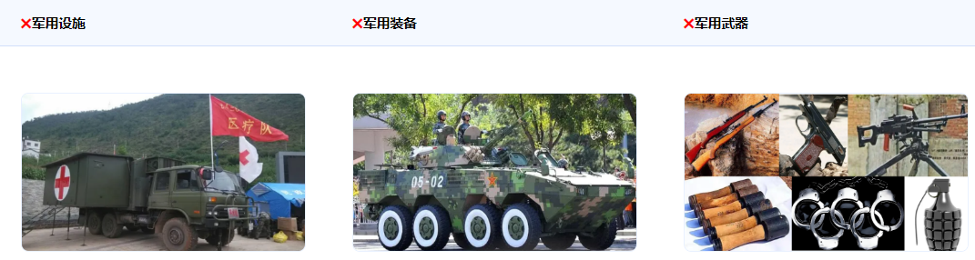 不得使用真實或逼真的軍用設施、裝備、武器等作商業宣傳，若為游戲內元素，不涉及負面、國家、軍隊的標識或描述允許使用。