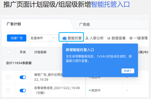推廣頁(yè)面計(jì)劃層級(jí)/層組級(jí)新增只能托管入口