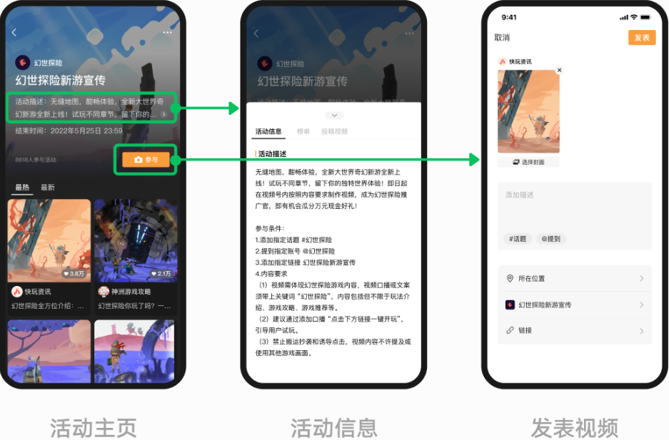 點(diǎn)擊活動(dòng)描述，可查看任務(wù)參與條件和要求。創(chuàng)作者需仔細(xì)查看任務(wù)描述和參與條件，如話題要求、@ 要求、口播要求、內(nèi)容要求等。根據(jù)要求完成視頻制作后，點(diǎn)擊“參與”按鈕，即可上傳投稿視頻。