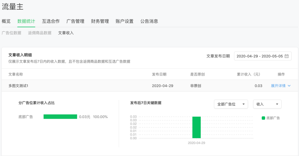 流量主在“數據統計”頁的“文章收入”板塊可查看文章發布后7日內的收入數據(不包含返傭商品數據和公眾號互選廣告數據)。 流量主在“數據統計”頁的“文章收入”板塊可查看文章發布后7日內的收入數據(不包含返傭商品數據和公眾號互選廣告數據)。