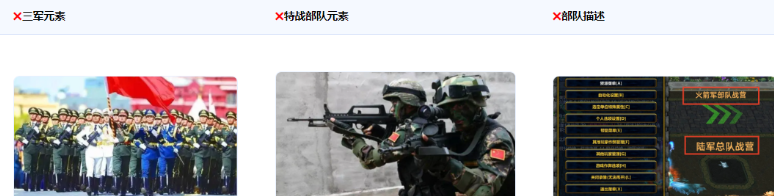 不得使用陸海空火箭軍、戰略支援部隊等軍種、部隊描述等。
