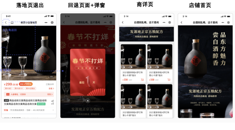 在落地頁退出場景，通過設置回流營銷頁+彈窗權益提醒，激活挽留客戶下單