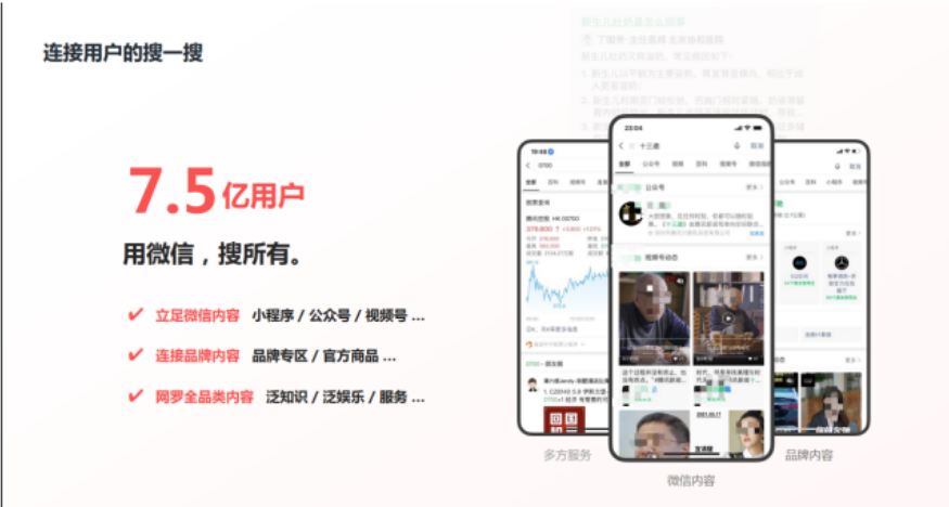 微信搜索廣告作為微信生態(tài)的連接器，鏈接用戶與品牌，采用微信特色的全網(wǎng)搜索引擎，鏈接全網(wǎng)內(nèi)容以及公眾號(hào)、小程序與用戶。