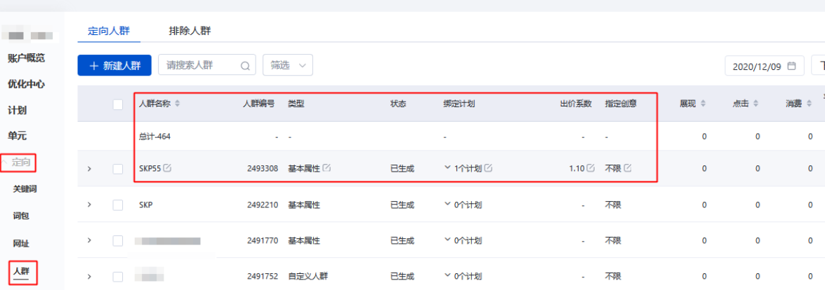 在【定向-人群-人群管理】列表，可根據(jù)效果修改人群名稱、人群編號(hào)、類型、綁定計(jì)劃、出價(jià)系數(shù)、綁定創(chuàng)意。