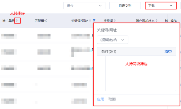 表格區域支持篩選、排序及數據下載