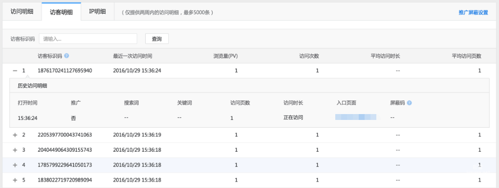 訪客明細:查看同一個訪客的歷史訪問行為 。(僅支持推廣版)