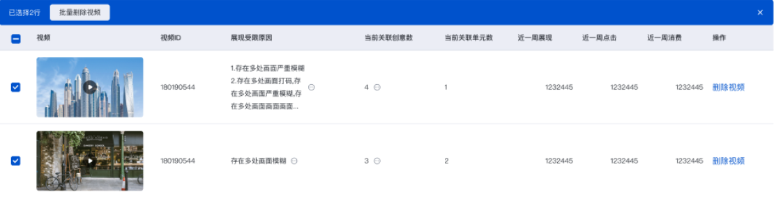 查看賬戶中因嚴重體驗問題展現受限的視頻素材及原因