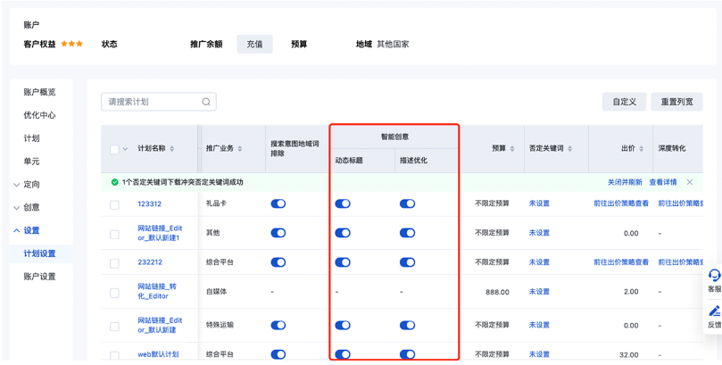 推廣管理-計(jì)劃設(shè)置-智能創(chuàng)意中的“動態(tài)標(biāo)題”和“描述優(yōu)化”開關(guān)狀態(tài)