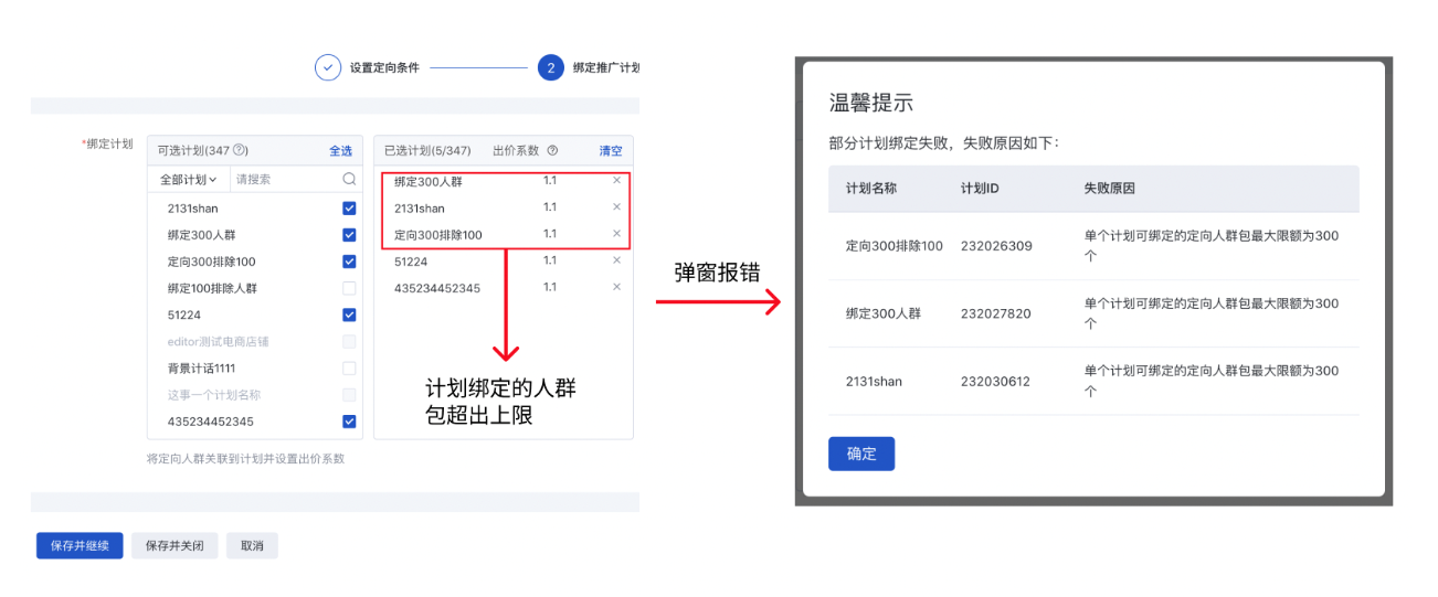 當(dāng)嘗試綁定的人群包數(shù)量超出上限時(shí)，系統(tǒng)會(huì)彈出提示框告知綁定失敗，以確保廣告主能夠及時(shí)調(diào)整投放策略。