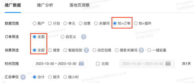 在“推廣報告”中選擇“知+訂單”報表下即可看到相關數據