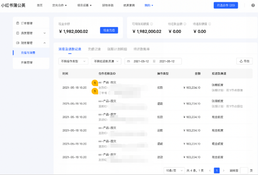 小紅書廣告消費及退款記錄