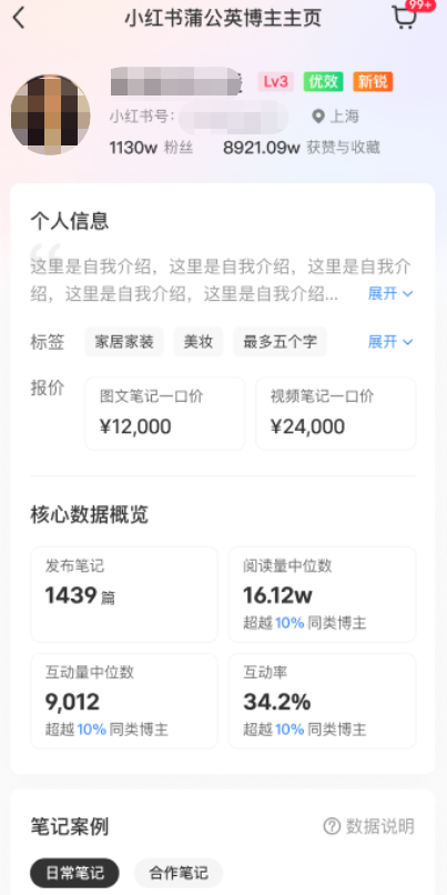 小紅書廣告博主主頁信息