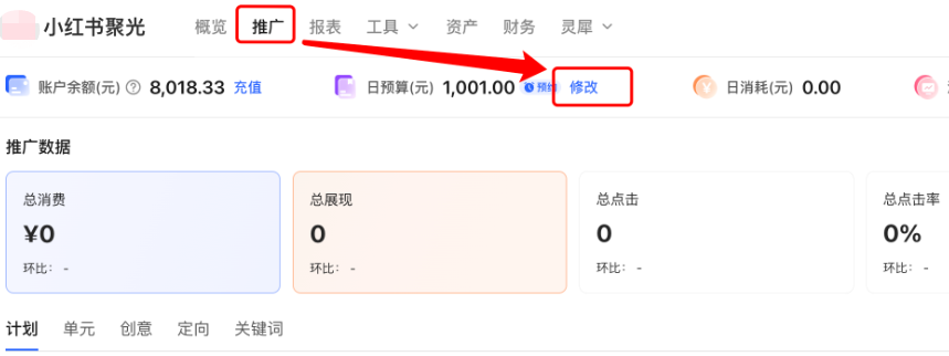 小紅書聚光平臺-推廣頁-日預算-修改